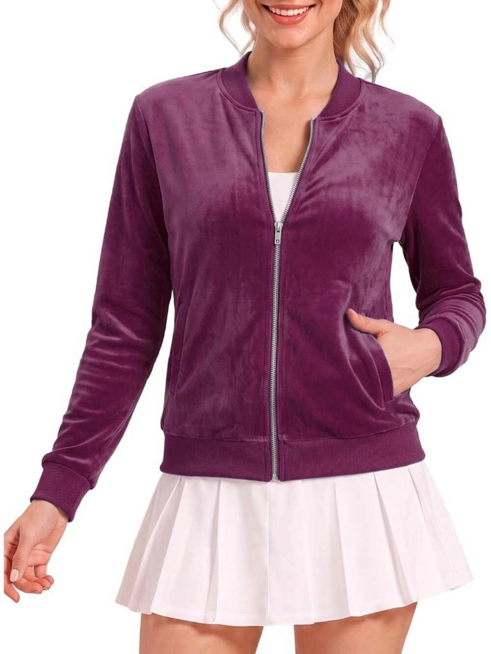 Women Wine Red Velvet Zip-Up Side Pockets Dressy Slim-Fit Athletic Bomber Jacket